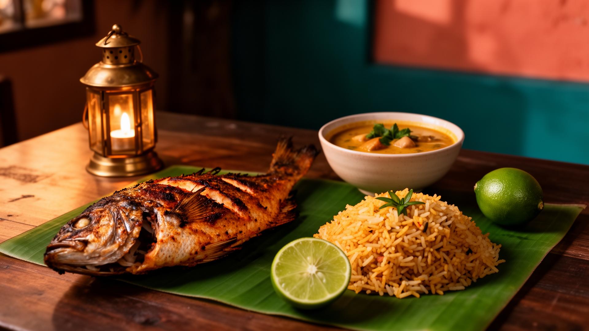 A generous restaurant feast with grilled fish, rice and curry